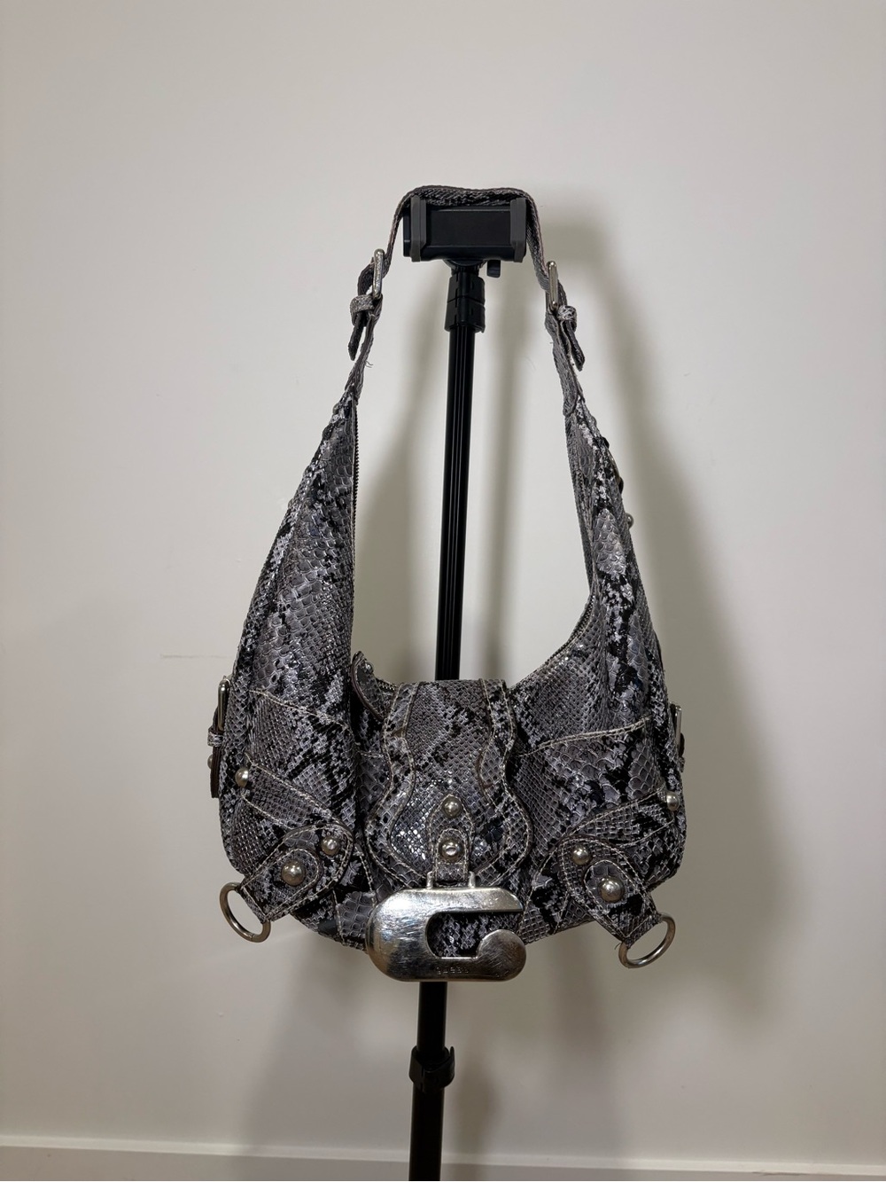 Guess Gray Snake-Print Shoulder Bag with Silver Hardware